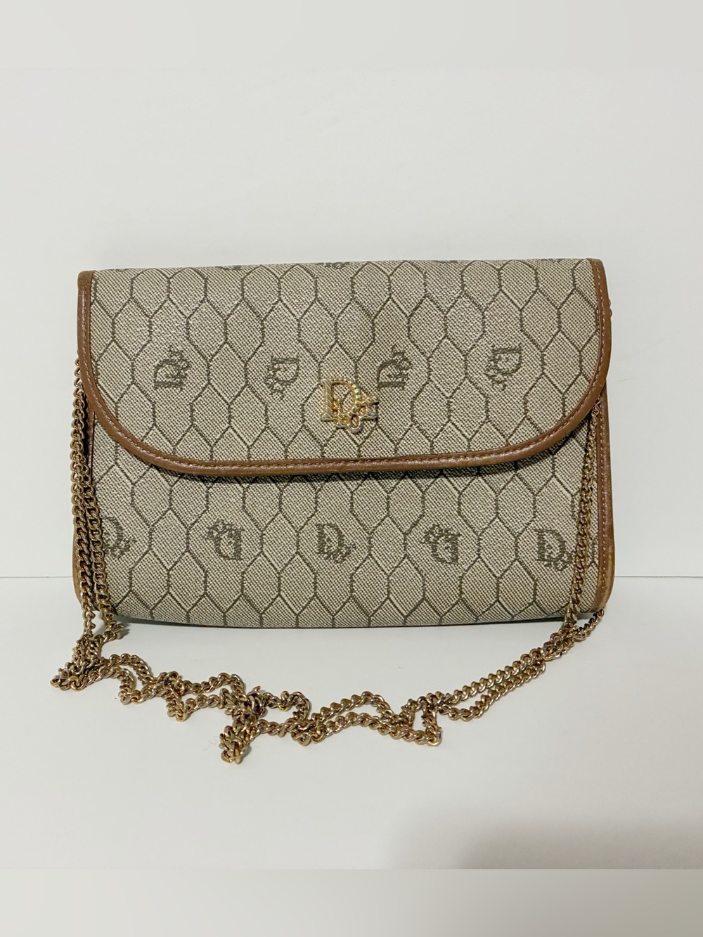 Authentic Vintage Christian Dior Honeycomb Coated Canvas Mini Chain Shoulder Bag